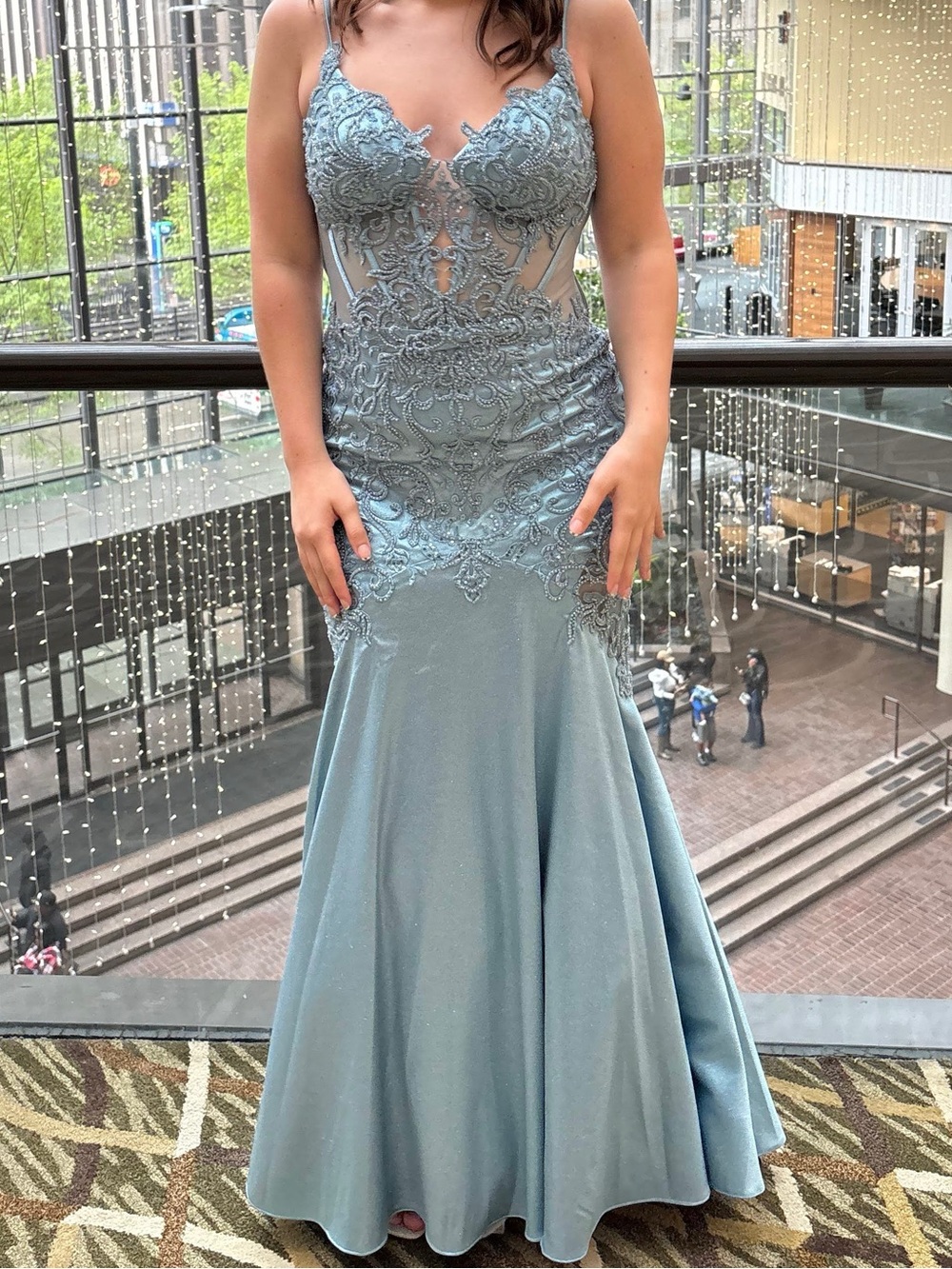Embellished Light Blue Mermaid Prom Dress with Lace Bodice